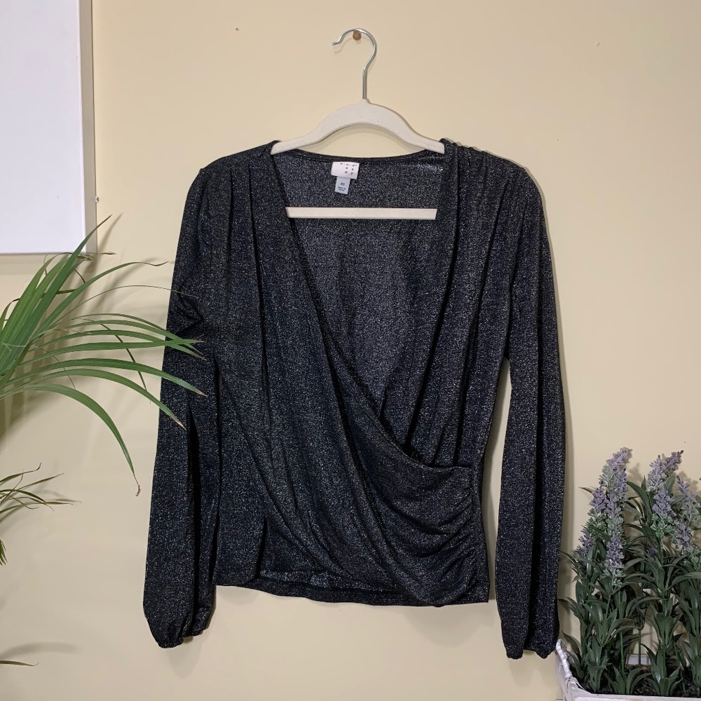 Sparkly Black Cross Drape Plunging Top